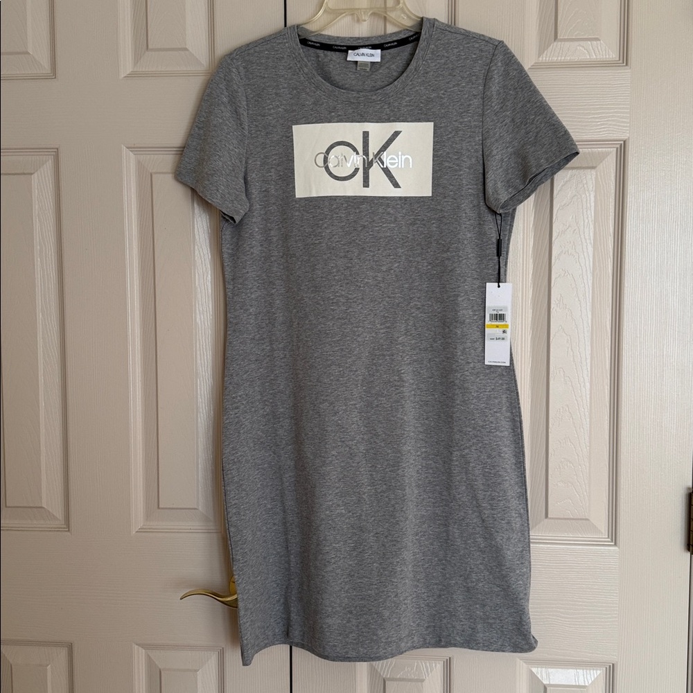 Calvin Klein Logo Short Sleeve T-Shirt Dress Size M Grey & Silver Text - NWT $49